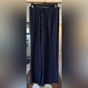 MELLODAY Women's Blue Crinkle Pleat Wide Leg Drawstring Pants size Small Navy